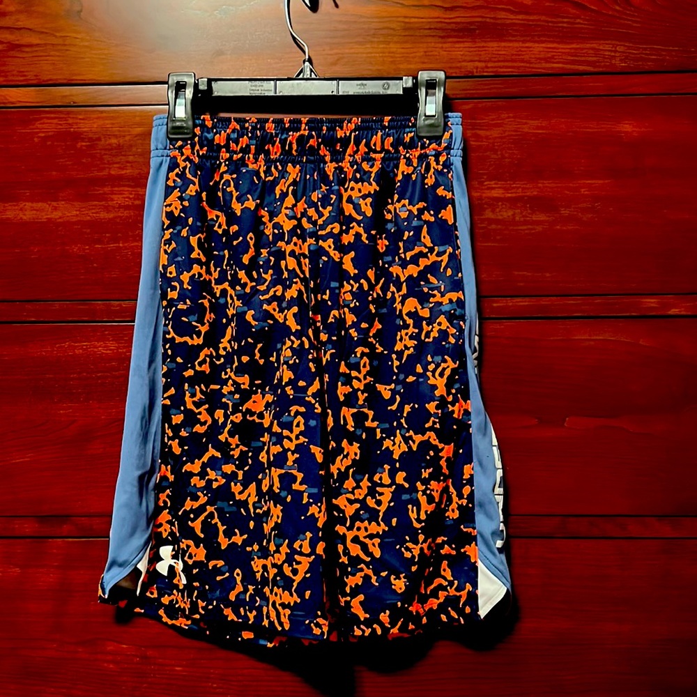 Under Armor shorts, orange and gray for youth. Size Youth Medium.